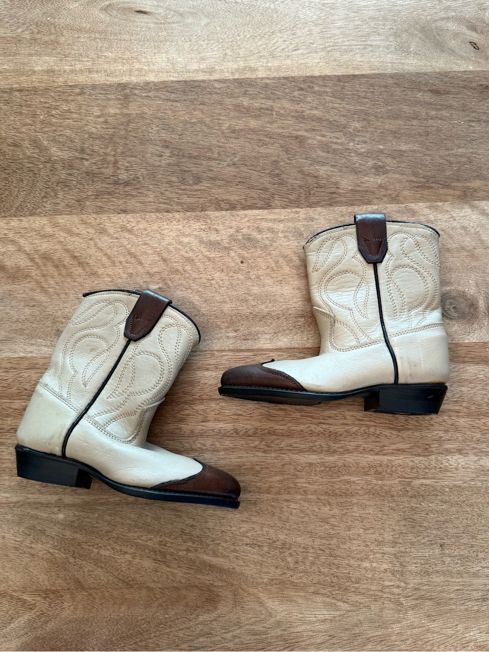 Vintage Texas Brand Kids Cowboy Boots Youth Size 7D Tan Brown Leather Made USA